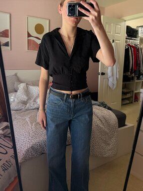 Madewell Black Cropped Button-Up Shirt XXS Y2K Casual